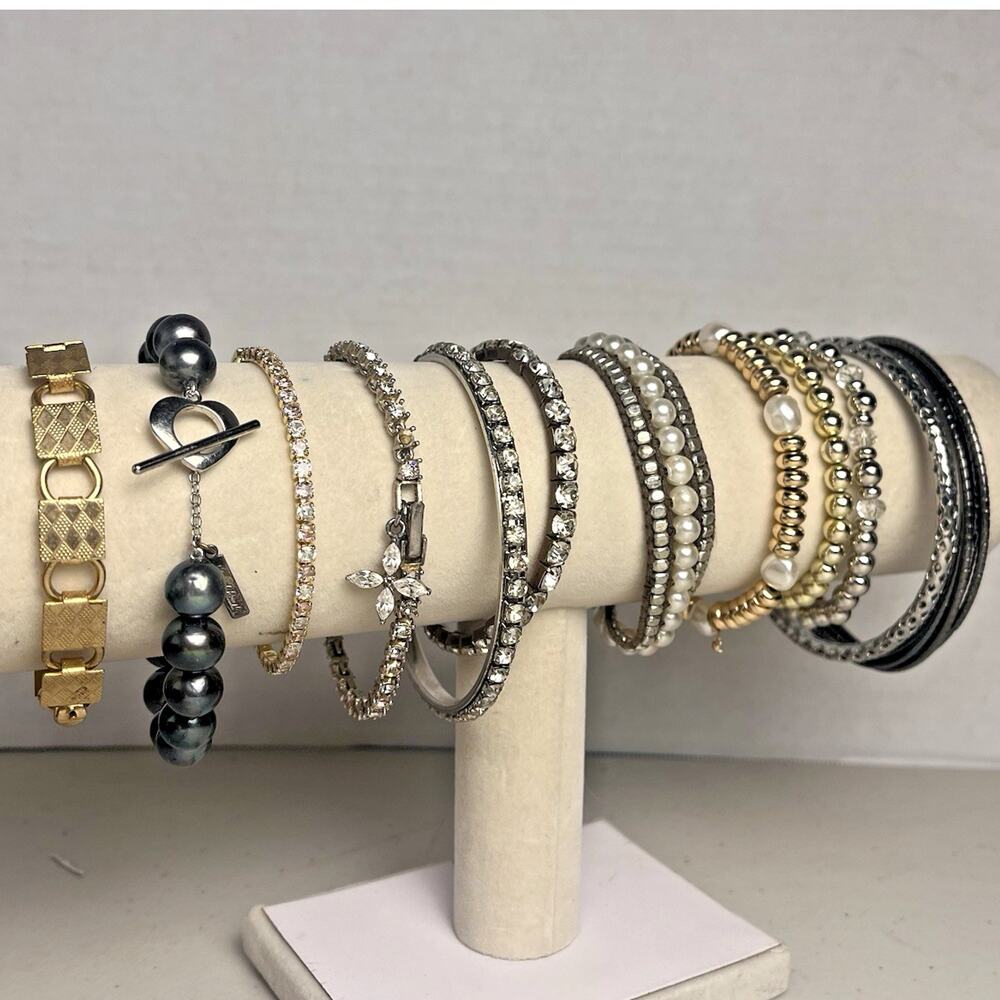 Simulated Diamond Faux Pearl Tennis Bracelet Bangle Stretchy Toggle 12 Piece Lot